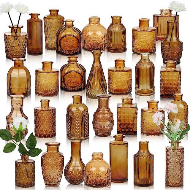 Liengoron Bud Vase Set of 30 in Bulk Amber Glass Bud Vase 30 Pack Bud Vases for Centerpieces Small Glass Vases for Flowers Vintage Amber Mini Flower Vases for Home Centerpieces Wedding Decorations