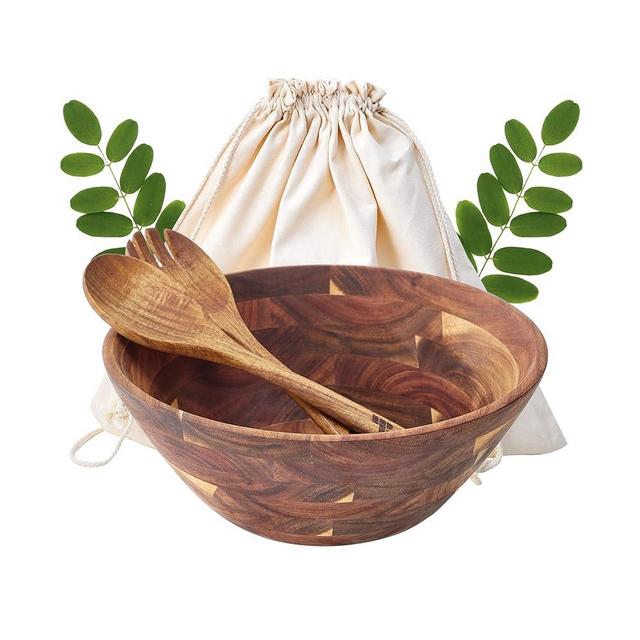 MBILEN-DS 12.5''x5'' Acacia Wooden Salad Bowl Set, Large Serving Bowls, fruit bowl, salad bowls, wooden bowls with salad serving utensils, serving bowl, wooden bowl, Perfect Wedding Registry Items