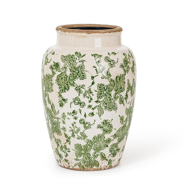 Sungmor Ceramic Flower Vase, Vintage Ice Cracked Glaze Porcelain Vase, Pretty Home Decor Vase for Flower Arrangement, Fresh Flowers, 10.2 Inch Tall Chinoiserie Pottery Vase, Green Floral Pattern