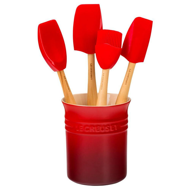 Le Creuset 5 Piece Utensil Set With Crock, Cerise