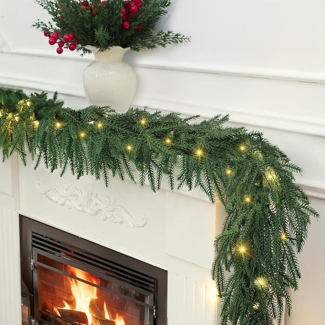 6 ft Norfolk Pine Garlands with Light ，Pre-Lit Christmas Garland,Dense Norfolk Pine Real Touch Garlandfor Table, Mantle, Staires, Wall, Premium Indoor/Outdoor Christmas Decorations