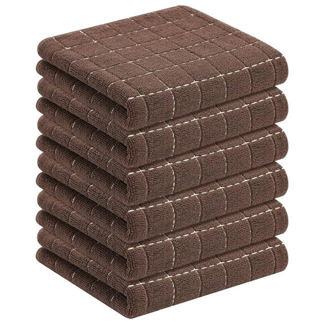 Homaxy 100% Cotton Terry Kitchen Towels(Brown, 13 x 28 inches), Checkered Designed, Soft and Super Absorbent Dish Towels, 6 Pack