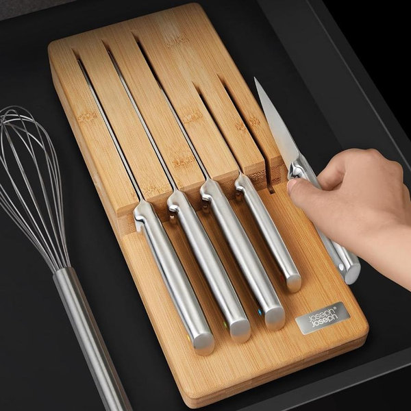 Joseph Joseph Elevate Kitchen Knives 5-piece Japanesse Stainless Steel knife set, in drawer Bamboo Block organizer tray