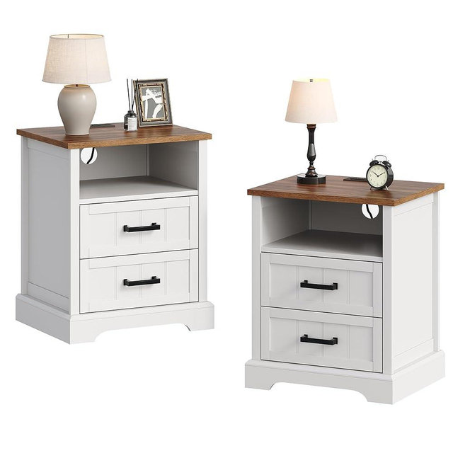 ChooChoo Farmhouse Night Stands with Charging Station, Wood Nightstand Set of 2 with 2 Drawers, Bedside Table with Open Storage Shelf for Bedroom, White