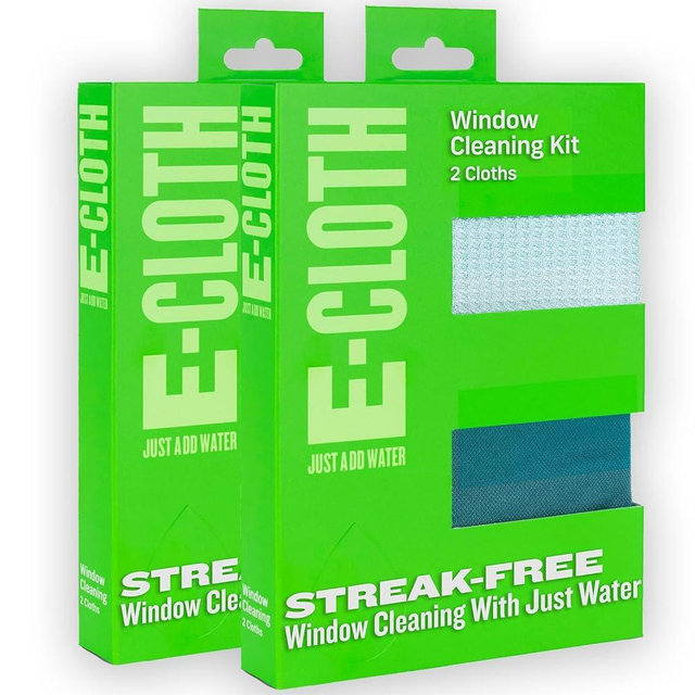 E-Cloth Window Cleaning Cloth - Eco Packaging - Glass Cleaning Cloth, Streak-Free Windows with just Water, Microfiber Towel Cleaning Kit for Windows, Car Windshield, Mirrors - Winter Green - 2pack