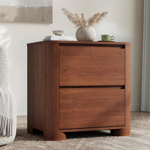 YANSNWO Walnut Nightstand with Charging Station, 23.6" Modern Night Stand with Unique Thickened Foot and 2 Storage Drawers, Bedside Table with Rounded Corner Design for Bedroom