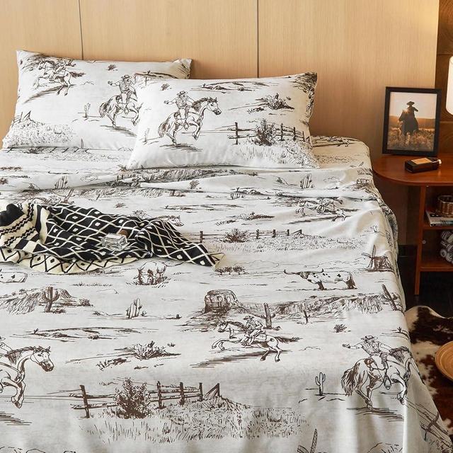 Wake In Cloud - Western Bed Sheets, 4-Piece Sheet Set, Cowboy Southwestern Country Vintage Native American Rustic Ranch Life, Deep Pocket, Beige Brown, Queen Size