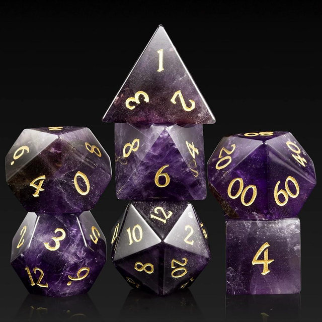 DNDND Amethyst Crystal DND Dice Set 7 PCS Gemstone D&D Dice with Gorgeous Gift Case for Dungeons and Dragon Tabletop Game (Amethyst)