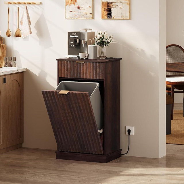 WLIVE 10 Gallon Tilt Out Trash Can Cabinet, Hidden Trash Can Cabinet with 2 AC+ USB Outlets, Storage Drawer, Food/Clothes Storage Pet Proof Kitchen Trash bin Cabinet for Home, Launday (Brown)