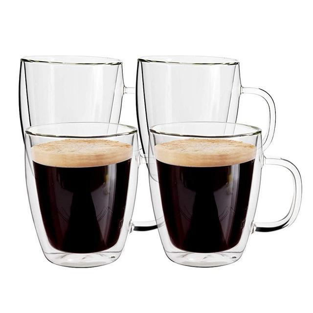 Yuncang Glass Coffee Mugs 4 Pack ,16 oz(500 ml),Double Wall Insulated Glass Mugs Cups with Handle,Cappuccino Cups with Cleaning Brush,Perfect for Americano,Latte,Beverage,Cappuccinos,Espresso Cups