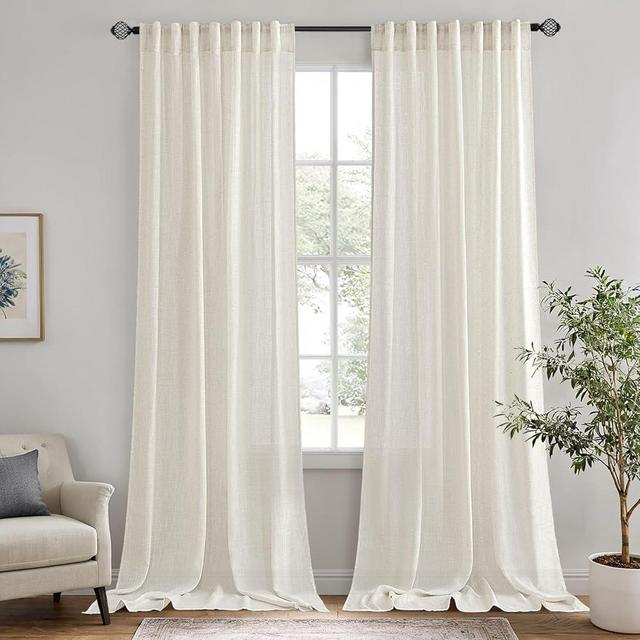 Ivory Cream Linen Curtains 84 Inch Length 2 Panels Back Tab & Rod Pocket, Semi Sheer Light Filtering Drapes for Modern Farmhouse Living Room Bedroom, Neutral Textured Window Privacy Curtain 52x84