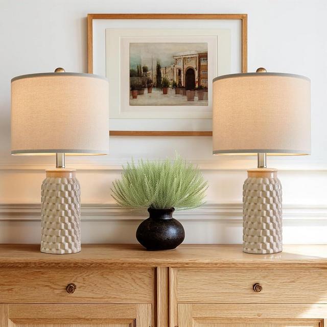 Vortether 20.5" Set of 2 Bedside Table Lamps Modern Cream Honeycomb Ceramic - Linen Shade, E26 Knob Switch for Living Room, Bedroom & Nightstand