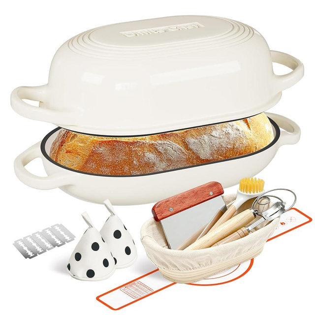 Enameled Cast Iron Dutch Oven for Bread Baking - incl. Sourdough Bread-Baking Supplies like Banneton Bread-Proofing Basket - 5QT Loaf Cast Iron Bread Oven Pan& Meatloaf Pan with Lid, Sour Sough Tools, Lame (Cream White）