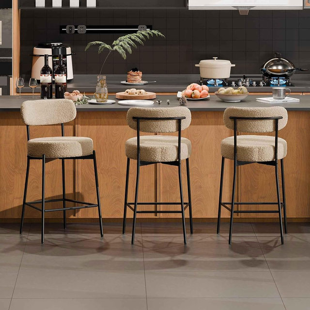 DYHOME Bar Stools Set of 3, Modern Counter Height Bar Stools with Curved Back Metal Legs, 24 Inch Beige Upholstered Boucle Barstools for Kitchen Island, Cafe Chair