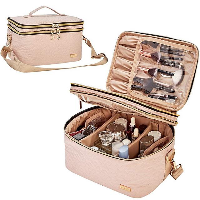 NISHEL Double Layer Travel Makeup Bag with Strap, Large Cosmetic Case Organizer Fits Bottles Vertically, Top Layer for Brushes, Tweezers, Eyeliner, Pink