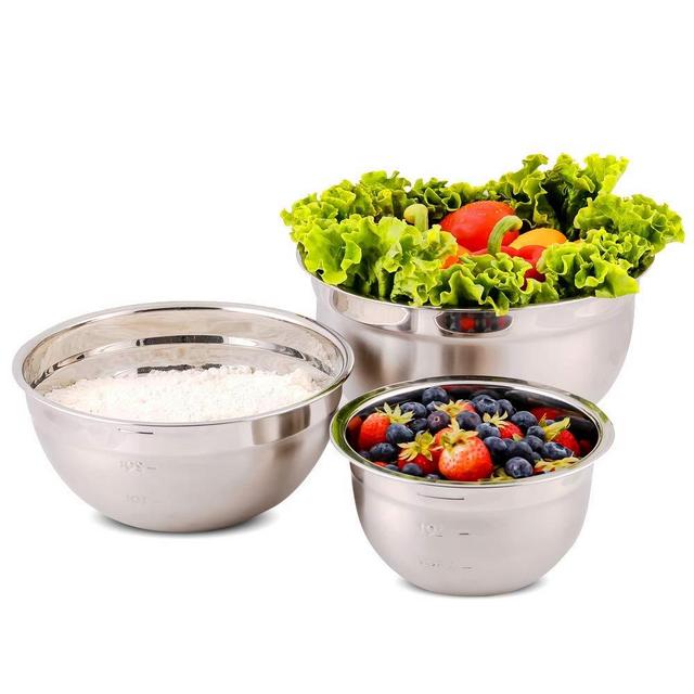 Ovente Stainless Steel Kitchen Mixing Bowl Set with Lid, 3 Nesting Stackable Bowls with Measuring Marks Dishwasher Safe Easy to Clean & Storage, Perfect for Cooking Baking Serving, Silver BM46333S