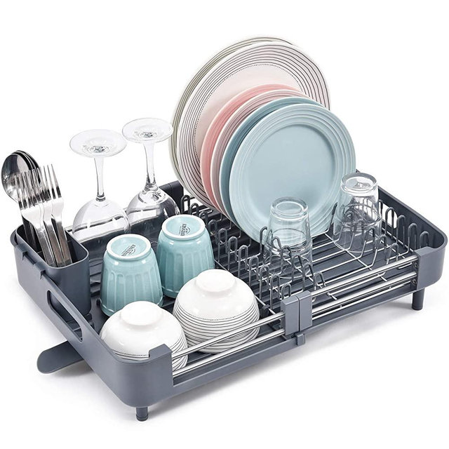 TOOLF Extendable Dish Rack, Dual Part Dish Drainers with Non-Scratch and Movable Cutlery Drainer and Drainage Spout, Adjustable Dish Drying Rack for Kitchen, Grey