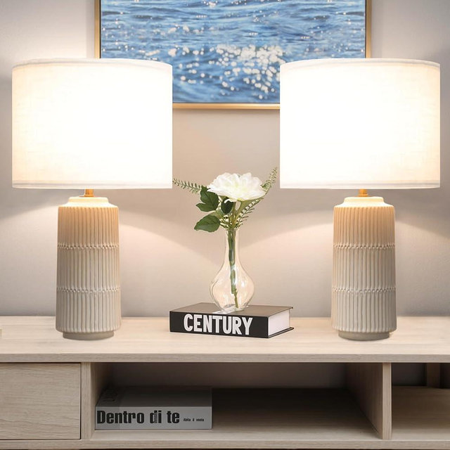 White Table Lamps Set of 2, Modern Ceramic Table Lamps with White Fabric Shade for Bedroom, Living Room, Nightstand, Cylindrical High End Table Lamp Farmhouse Lamp