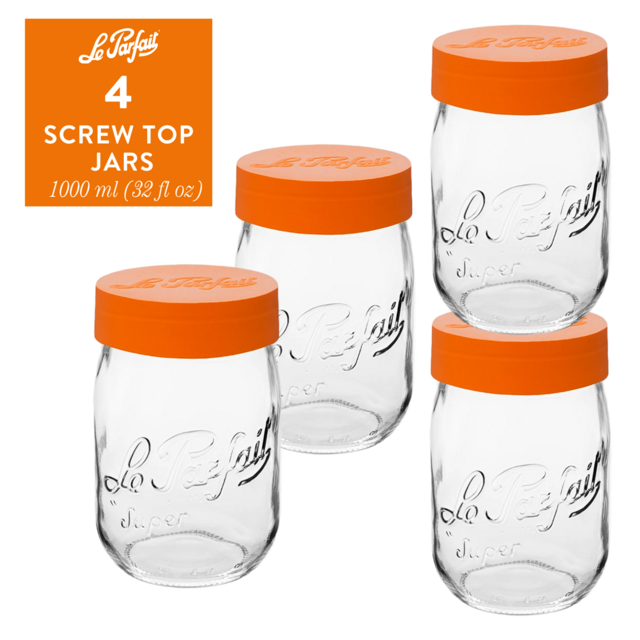 Le Parfait Screw Top Jars / Size: 1000ml - 32oz - 1L Gold Lid / Set of: 4