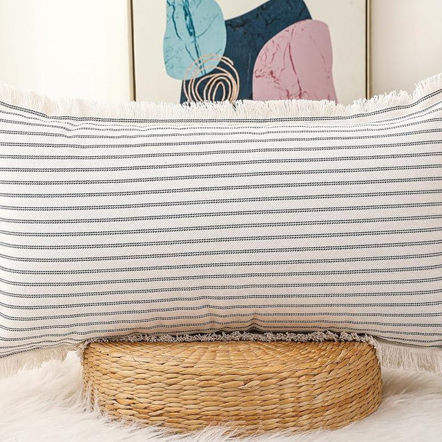 PANOD Decorative Boho Long Lumbar Pillow Cover 14x20,Super Soft Cotton Modern Long Rectangle Pillow Cover Pillow Case for Bed Sofa Couch Farmhouse Livingroom,Black