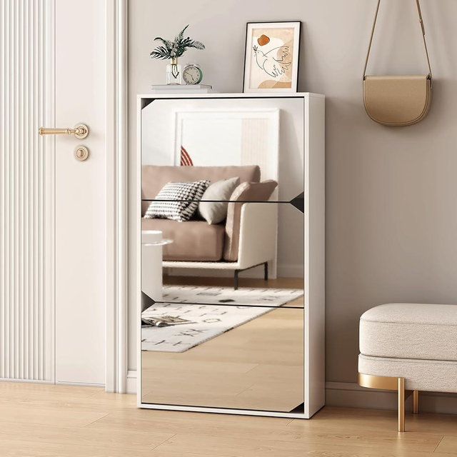 pnochoo Shoe Cabinet with Mirror, 3 Flip Drawers,Freestanding Shoe Storage Solutions with Anti-Tip Design, Slim Shoe Organizer Rack for Tight Spaces,Entryway,Front Door,Foyer,Hallway Space Saving