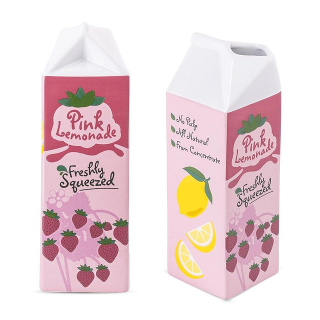 Vintage Inspired Ceramic Vase | Unique Eclectic Home Decor | Cute Retro Style & Aesthetically Pleasing Juice Carton Design | Perfect for Any Room in Your Home or Office | The Trendy Vase (Pink)