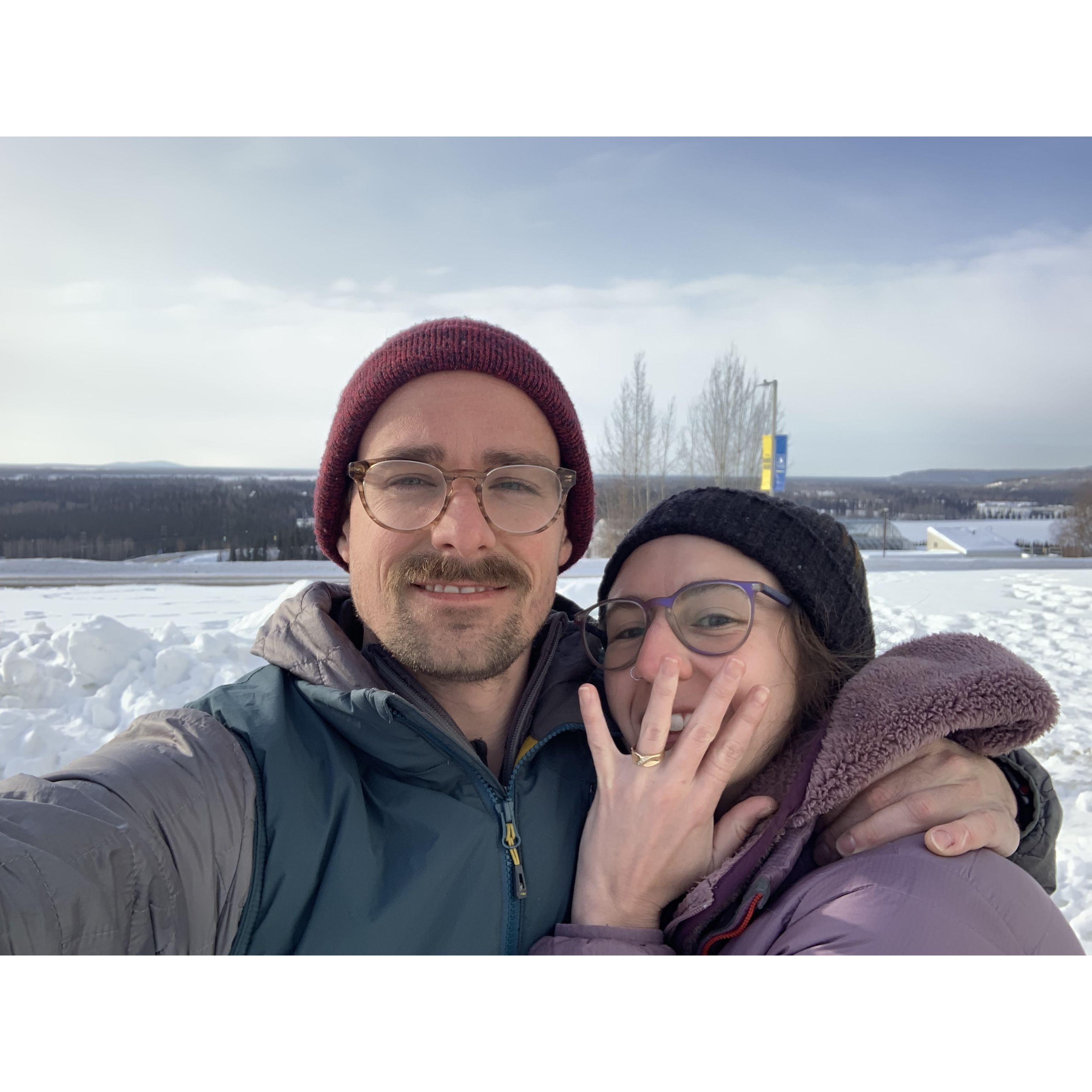 The morning after getting engaged, in Fairbanks, AK