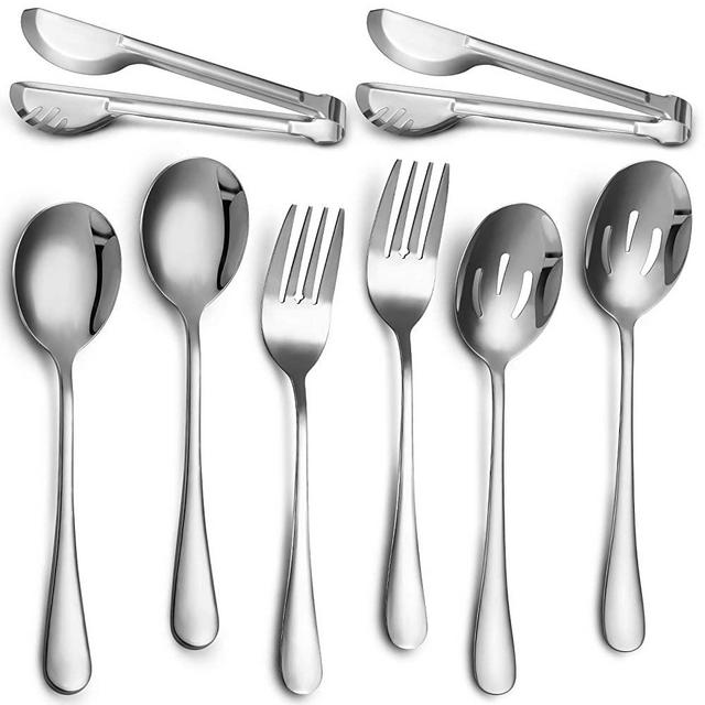 Stainless Steel Serving Utensils Large Serving Spoon Set of 9.45 Inch Metal Tongs 9 Inch Serving Forks 8.7 Inch Slotted Spoons 8.7 Inch Serving Spoons for Party Buffet Banquet Kitchen (8)