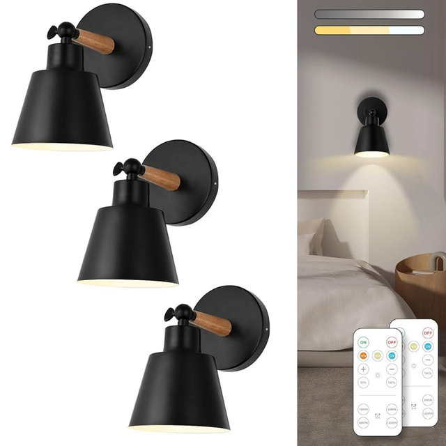 BIMEAN Black Battery Operated Wall Sconce Set of 3, Easy to Install Wireless Lights for Wall, Remote Control Dimmable LED Lights, Auto Timer Wall Lamp Fixtures for Bedroom, Gallery, Living Room, RV