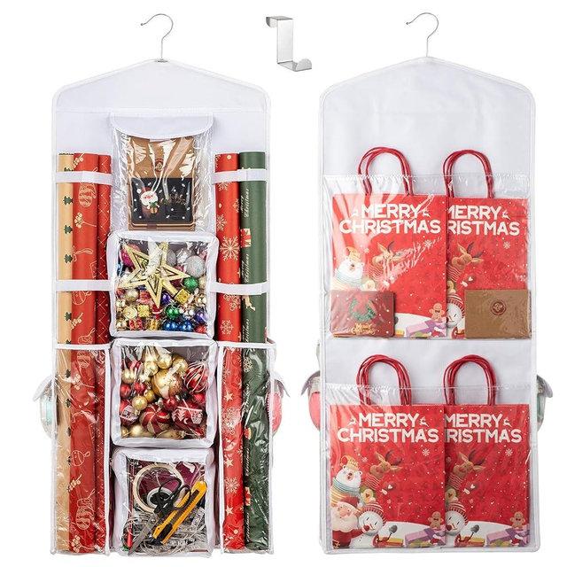 EOLIMEX Hanging Double-Sided Wrappping Paper Organizer, Gift Wrap Storage Organizer Containers, Wrapper Paper Holder for Present, Oxford Pockets for Christmas、Holiday、Home Organization (White)