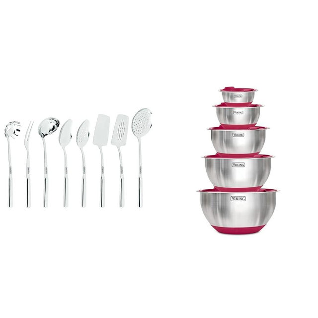Viking Culinary 8pc Stainless Steel Ergonomic Kitchen Utensil Set, Silver & Viking 10-Piece Stainless Steel Mixing Bowl Set, Stackable with Lids, Red