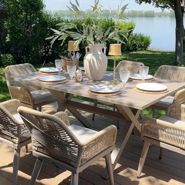 PURPLE LEAF 7 Pieces Outdoor Dining Set All-Weather PE Rattan Outdoor Patio Furniture Set with All Aluminum Frame Rectangular Table and Chairs Set for Lawn Garden Backyard Deck, Champagne