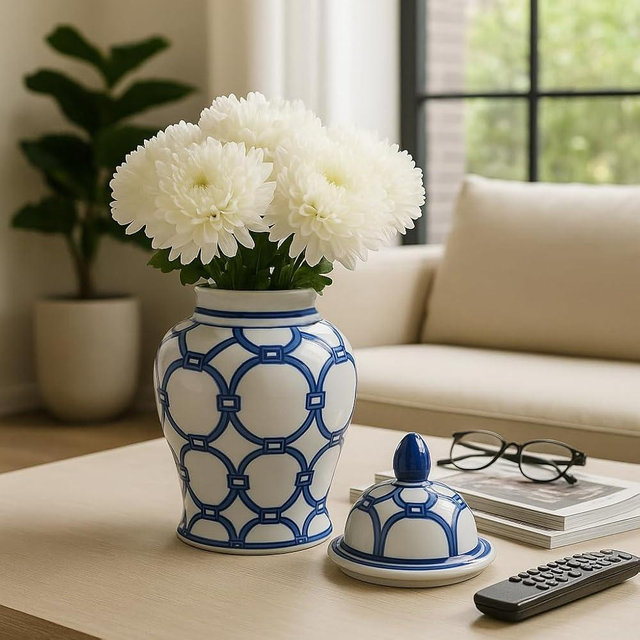 Decorative Ceramic Temple Jar for Living Room Decor - Stylish Home Decor for Bedroom, Office, and Table Centerpiece - Modern Flower Vase for House Accent, Entryway, or Kitchen - 11", Blue & White
