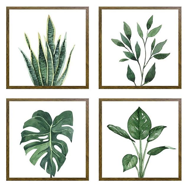 ArtbyHannah 10" x 10" 4 Panels Framed Walnut Finish Picture Frame Collage Set for Wall Art Décor with Watercolor Green Leaf Tropical Botanical Plant Prints for Gallery Wall Kit or Home Decoration