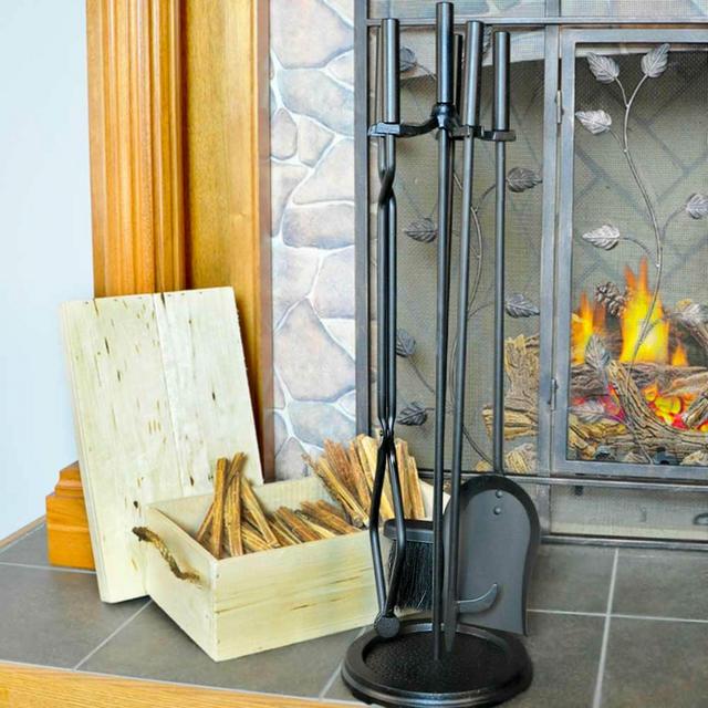 5 Piece Black Wrought Iron Fireplace Tool Set - F-1070