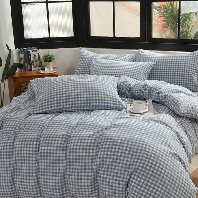 MorroMorn Blue Gingham Duvet Cover Set 100% Washed Cotton Linen Like Super Soft, 3 PCS Bedding Sets Comforter Cover & 2 Pillowcases - Breathable Durable Comfy Modern Checkered Plaid (King 104"x90")