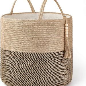 Mkono Woven Storage Basket Decorative Rope Basket Wooden Bead Decoration for Blankets,Toys,Clothes,Shoes,Plant Organizer Bin with Handles Living Room Home Decor, Yellow and Black, 16" W × 13.8"