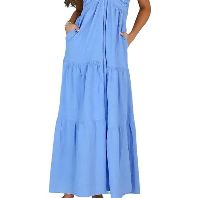 AmySister Women's Casual Halter Tiered Vacation Maxi Dress with Pockets
