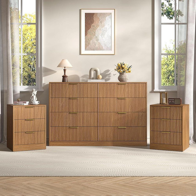 Sscaktu 3-Piece Modern Bedroom Furniture Set, Wide 8-Drawer Dresser & 3-Drawer Nightstands Set of 2, Natural Wood Dresser and Nightstand Sets for Bedroom Hallway, Light Walnut