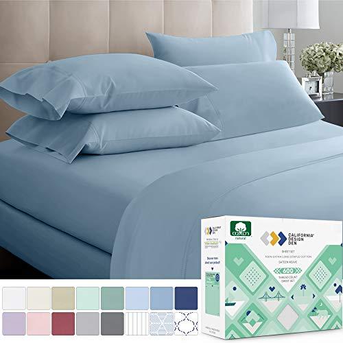 California Design Den Queen Size Bed Sheets - 600 Thread Count Extra Long Staple Cotton Dusty Blue Sheet Set, Deep Pocket fits Mattress 16'', Soft & Sateen Weave 4 Piece Bedding Set