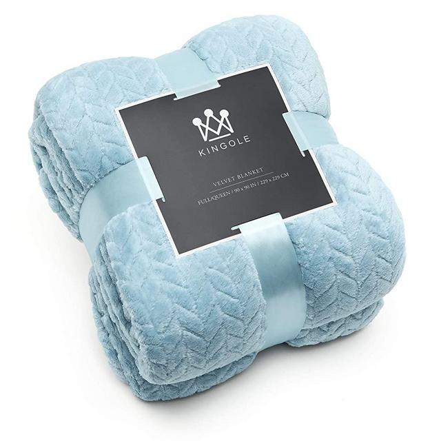 Kingole Flannel Fleece Luxury Throw Jacquard Weave Blanket, Light Blue Twin Size Leaf Pattern Cozy Couch/Bed Super Soft and Warm Plush Microfiber 350GSM (66 x 90 inches)