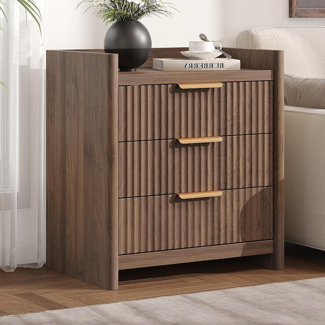25.9" Fluted Nightstand with Charging Station, Large Bedside Table with 3 Storage Drawers and Metal Handle, Modern End Table for Bedroom, Home Office(Dark Walnut)