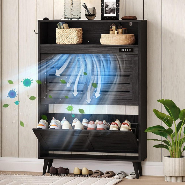 ChooChoo Shoe Storage Cabinet with 2 Flip Drawers, Deodorizing Shoe Cabinet Organizer with Open Storage, Freestanding Hidden Narrow Slim Shoe Rack Cabinet Space Saving for Entryway, Black