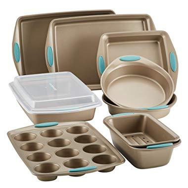 Rachael Ray Cucina Nonstick Bakeware Set, 10-Piece, Latte Brown with Agave Blue Handle Grips