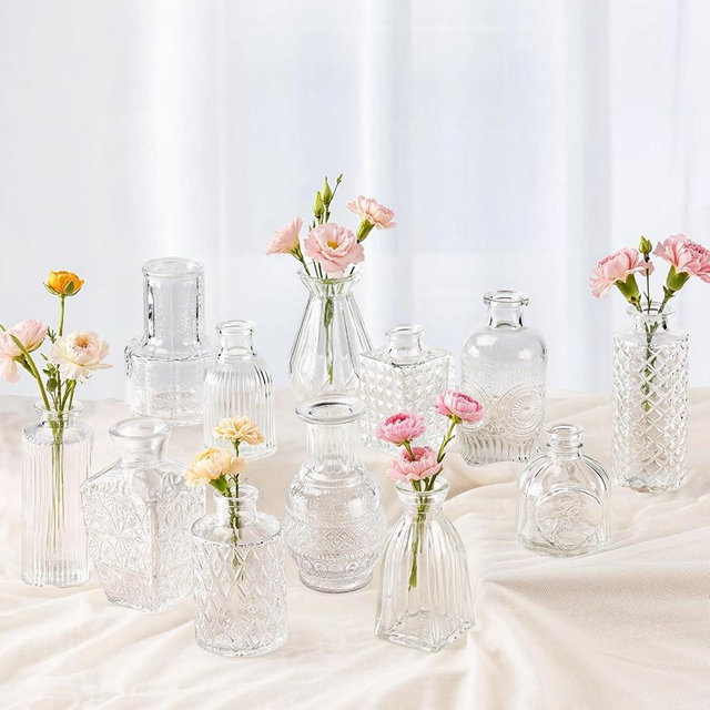 Babenest 12pcs Clear Small Bud Vase Set, Mini Gradient Glass Flower Vases in Bulk, Decorations Vintage Little Vase for Rustic Wedding Party Home Office Recepetion Centerpieces Table Decor