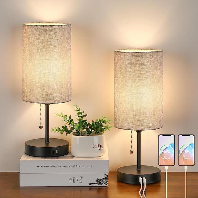 Modern Table Lamps Set of 2, Bedside Lamps with 2 USB Ports, Nightstand Lamps with Pull Chain, Desk Lamps with Grey Fabric Shade and Black Metal Base for Living Room Bedroom Office Reading Dorm Hotel