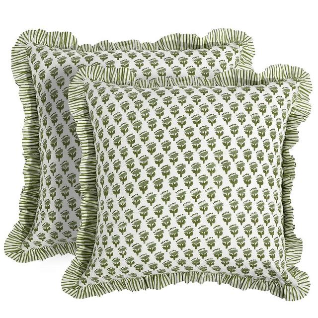 CPC Emerald Green Ruffle Throw Pillow Covers for Couch, 18x18 Inch Cotton Stripe Ruffle Couch Pillows for Living Room, Hidden 14 Inch Zipper Boho Pillow Case or Cute Outdoor Pillows