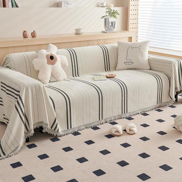 DREAMINGO Couch Cover Reversible Chenille 3 Seat Sofa Covers for Dogs Pets Dark Grey Couch Protector for 3 Cushion Couch Sofa Vertical Stripe Jacquard Sofa Slipcover Sectional, 71"x134"