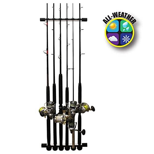 Rush Creek Creations 3 in 1 All Weather 6 Fishing Rod and Pole Storage Rack for Wall or Ceiling - Innovative Expansion Capability, One Size