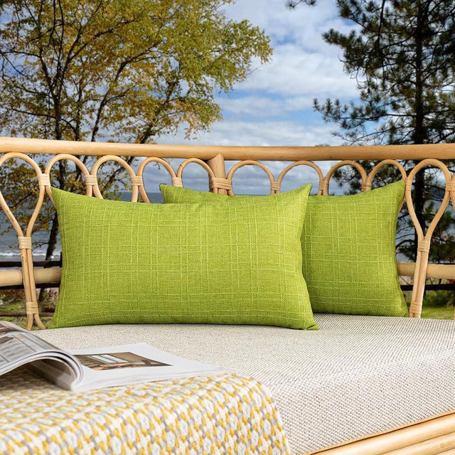 Kevin Textile Pack of 2 Outdoor Waterproof Throw Pillow Covers Decorative Square Outdoor Checkered Pillows Cushion Case Patio Pillows for Couch, 12x20 inches 30x50 cm, Green